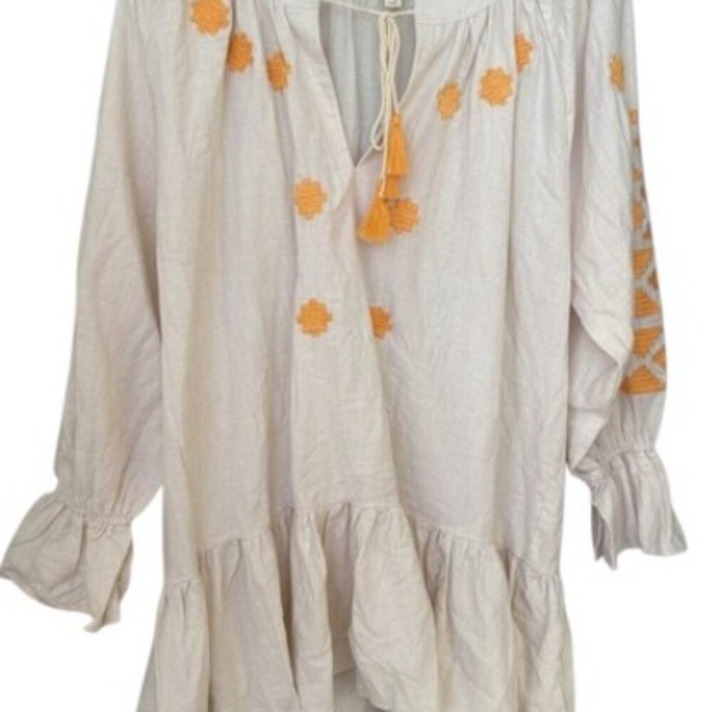 NWT Evy's Tree The Jolene Tunic Embroidered Linen Boho Tassel Cream Yellow Sz M